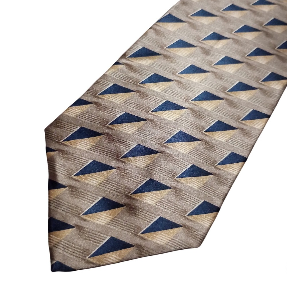 Bill Blass Mens Silk Necktie Taupe Navy Blue Geometric Triangle Pattern Classic